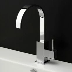 Lacava 1411-CR Kubista Deck-mount Single-hole Faucet With An Arch Spout Featuring Natural Water Flow, One Lever Handle And Pop-up. ADA Compliant. Water Flow Rate: 2.2 Gpm At 60 Psi. In Polished Chrome
