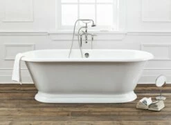 CHEVIOT 2162-WW-0 70 INCH SANDRINGHAM CAST IRON BATHTUB WITH PEDESTAL BASE AND FLAT AREA FOR FAUCET HOLES IN WHITE