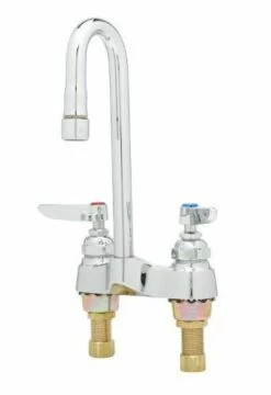 T&S Brass B-0874 Deck Mount Lavatory Faucet With 4-Inch Centers, Rigid Gooseneck, Aerator And 1/2-Inch Npsm Male Shanks