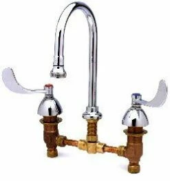 T&S Brass B-2865 Medical Faucet, Deck Mount, 8" Centers, Rigid Gooseneck With RoseSpray, 6" Wrist Handles