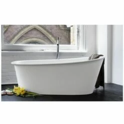 Wetstyle BTP01-R-SB-DA Tulip Bath Tub 64" L X 34" W X 25" H Freestanding Built In Satin Brass Overflow & Drain In White Dual